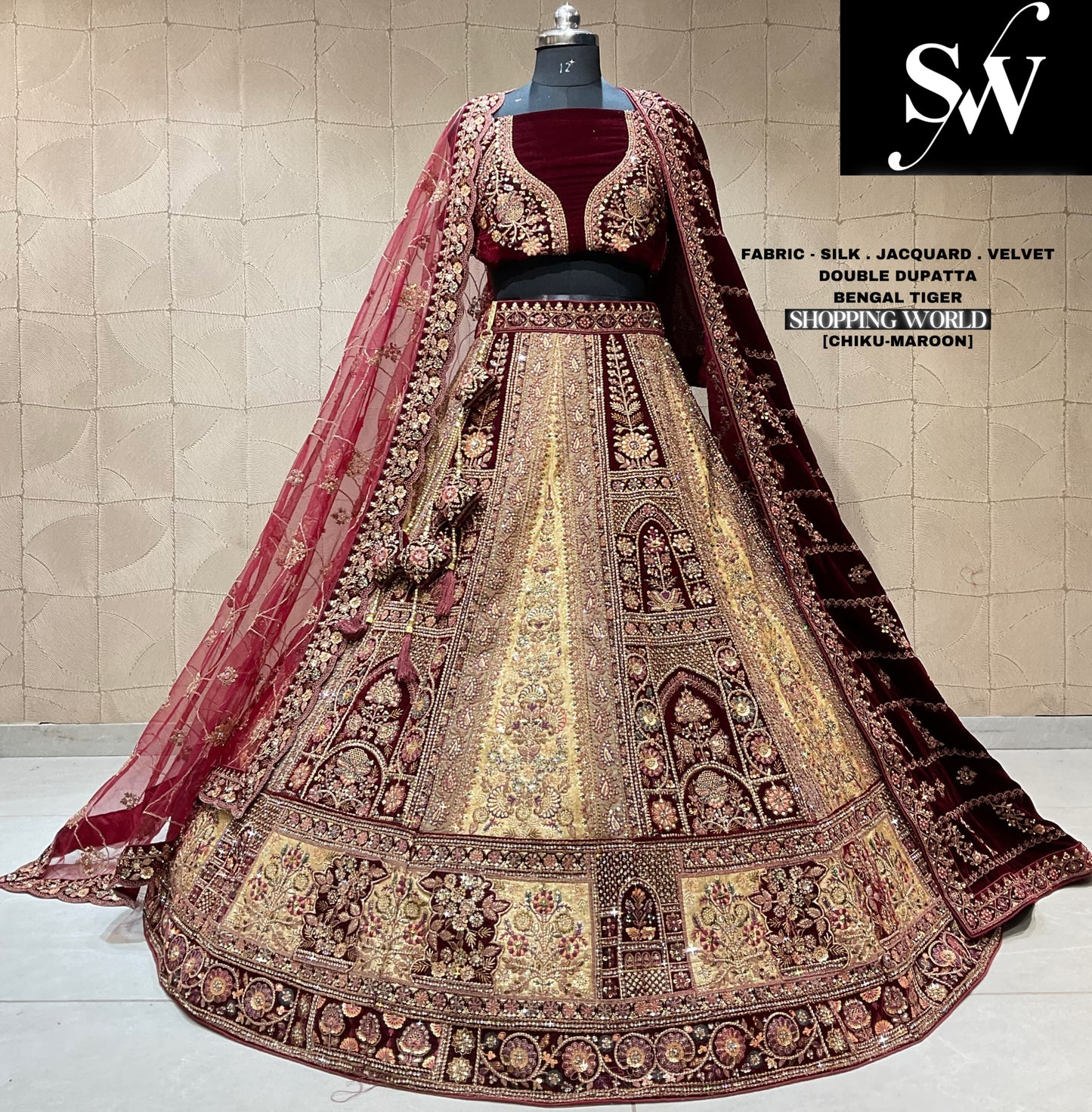 Fabulous chiku maroon double velvet dupatta bridal lehenga