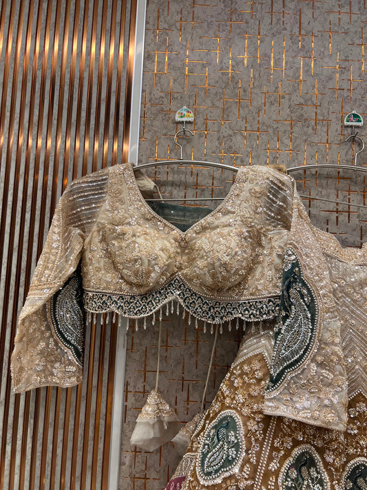 Golden Green Peacock Crop Top Lehenga