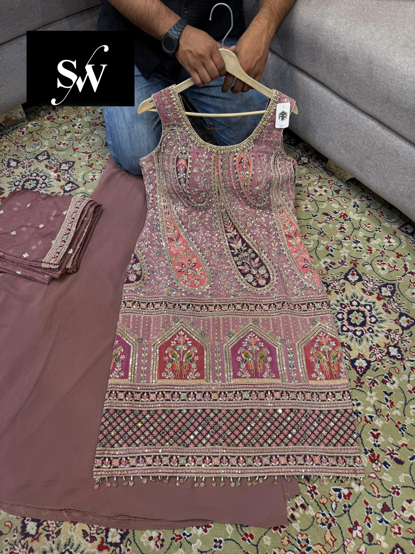 Good looking pink Shrug suit dress material