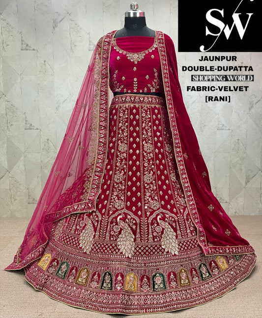 Amazing maroon peacock Velvet bridal Lehenga