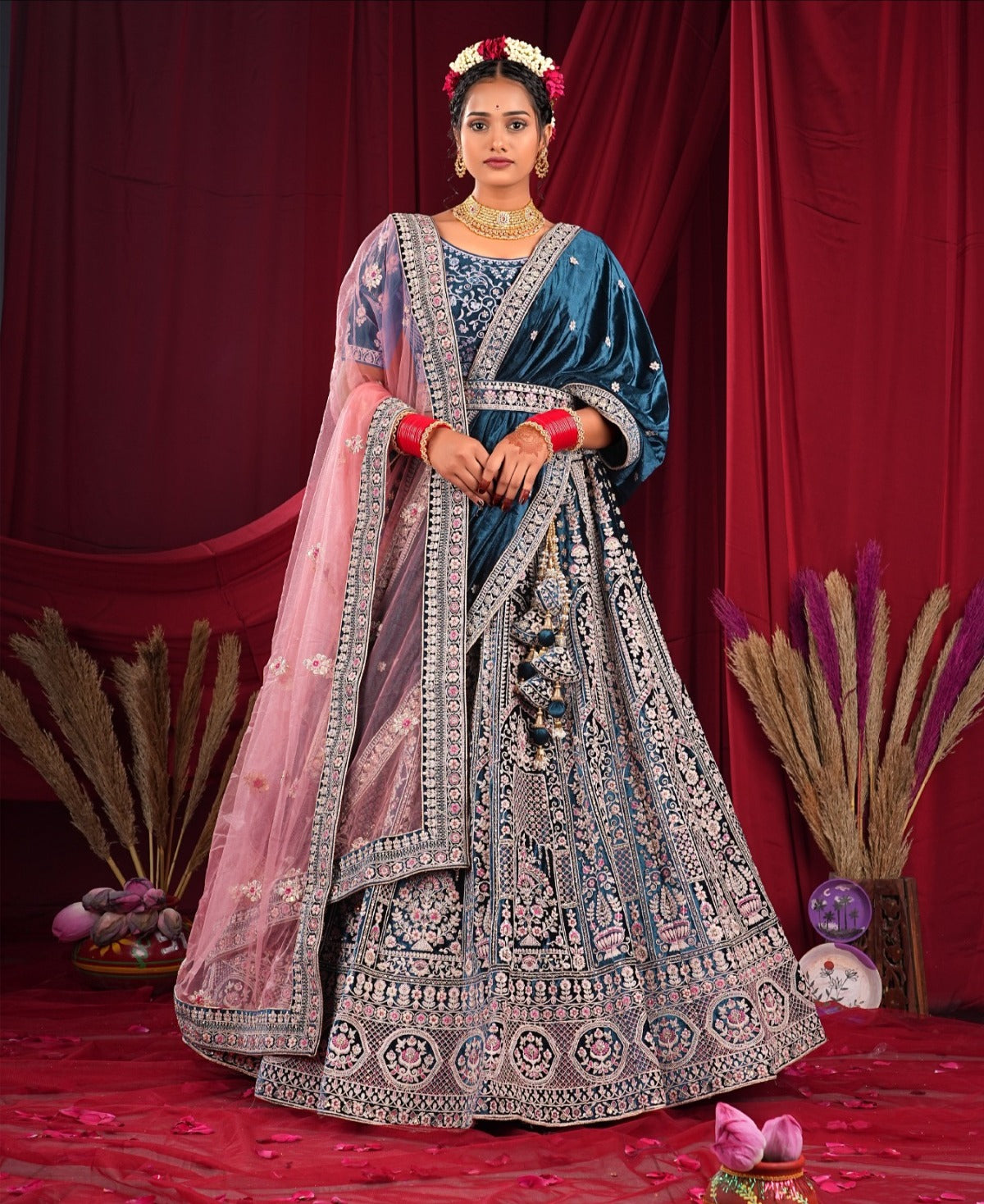 Delightful morpich blue double dupatta bridal lehenga