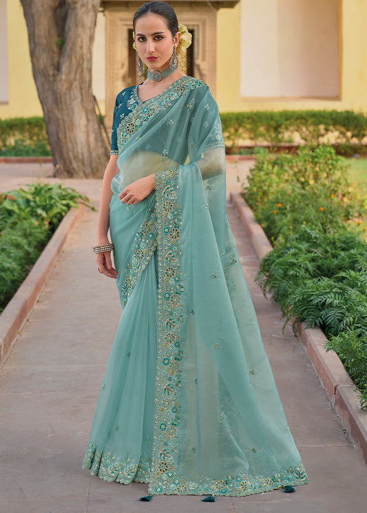Turquoise Blue Organza Silk Handwork Embroiderey Cut Work Border C-Pal Saree