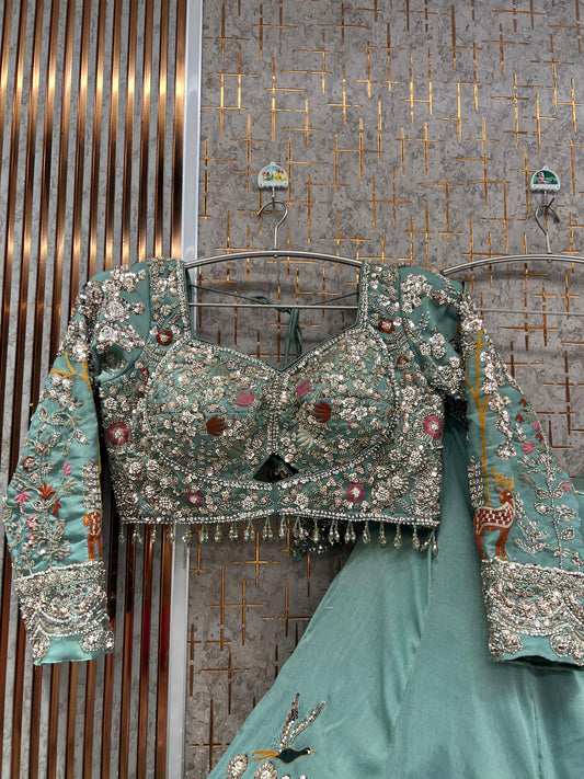 Turquoise Green peacock Crop Top Lehenga