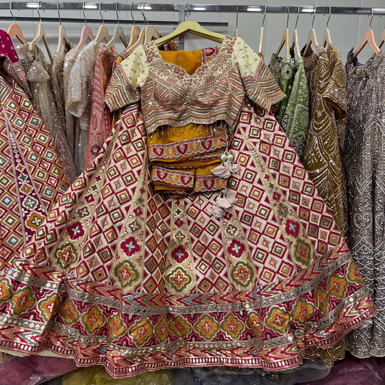 Mustard Golden Multicolour Crop Top Lehenga