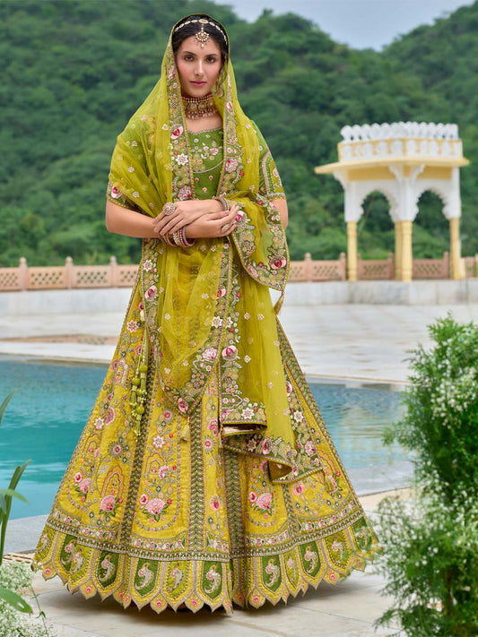 Mehendi-Green Shaded Heavy Designer Embroidered Patchwork Silk Semi Stitched lehenga