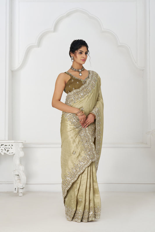 Chiku /champagne Pure Dola Viscouse Silk Saree with sequins and beads Embroidery for Festivals