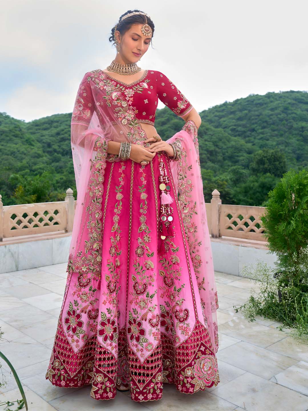 Pink-Rose Shade Cut-Work Silk Heavy Embroidered Zarkan Semi Stitched Lehenga