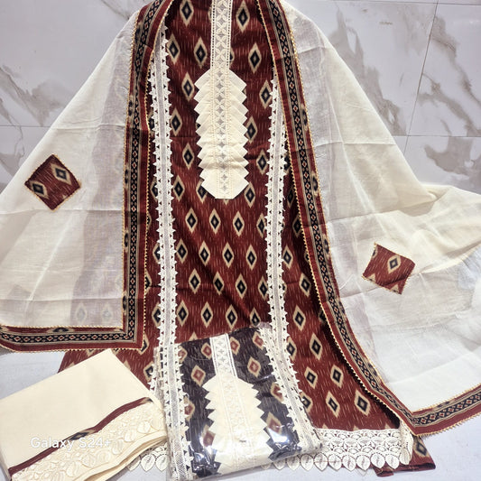 Embellished maroon white suit dress material(free size)