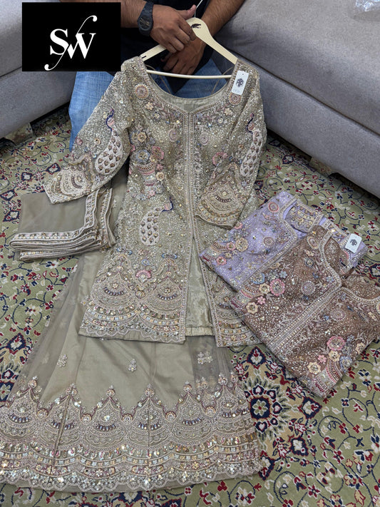 Latest trendy pista green peacock Shrug suit dress material