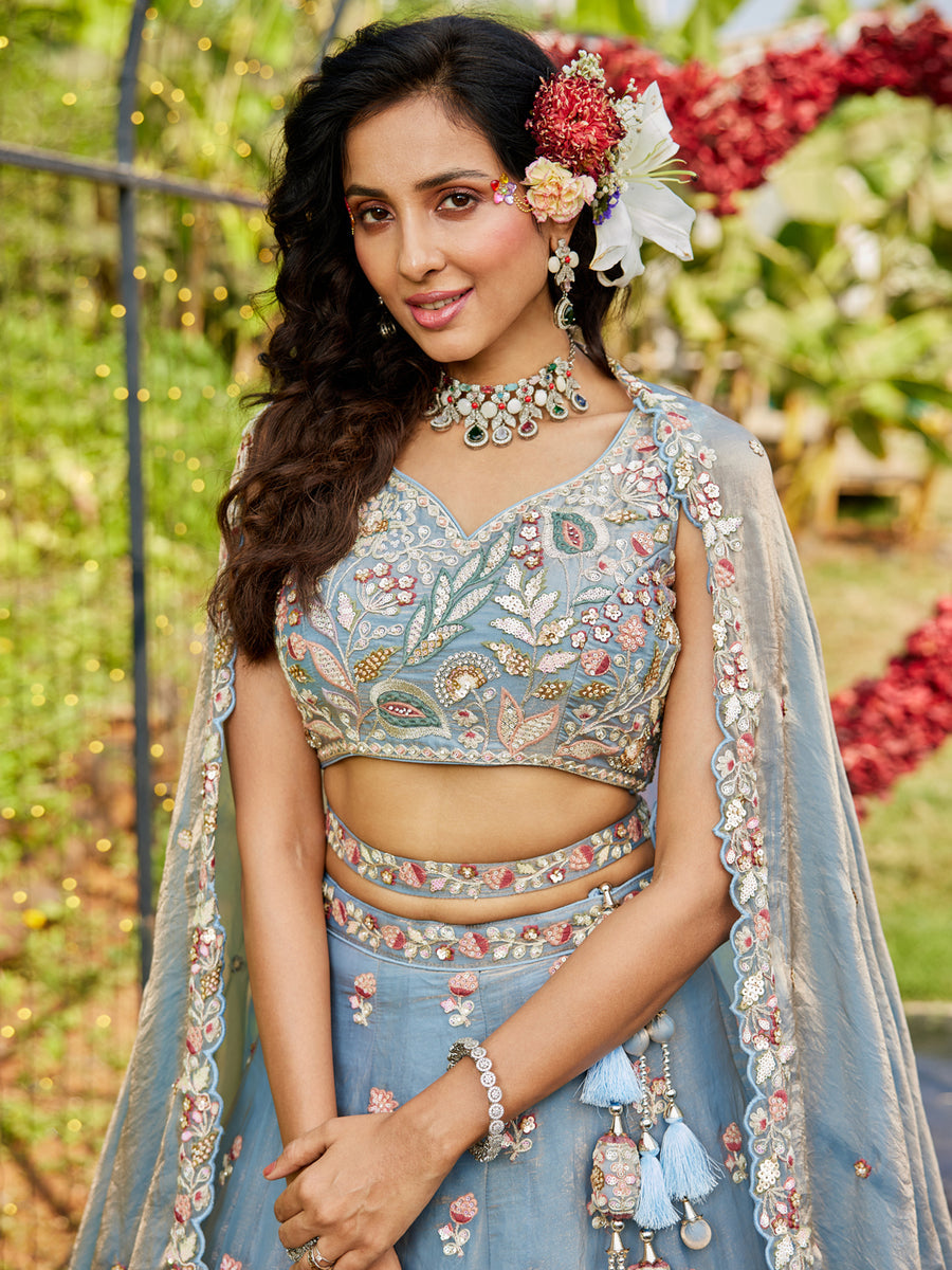 Tissue Fabric Using Golden Color Sequin,Multi-Thread Semi-Stitched Lehenga