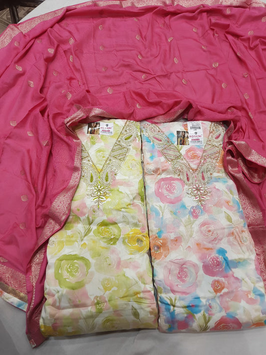 Glamorous yellow pink unstitched salwar suit dress material (free size)