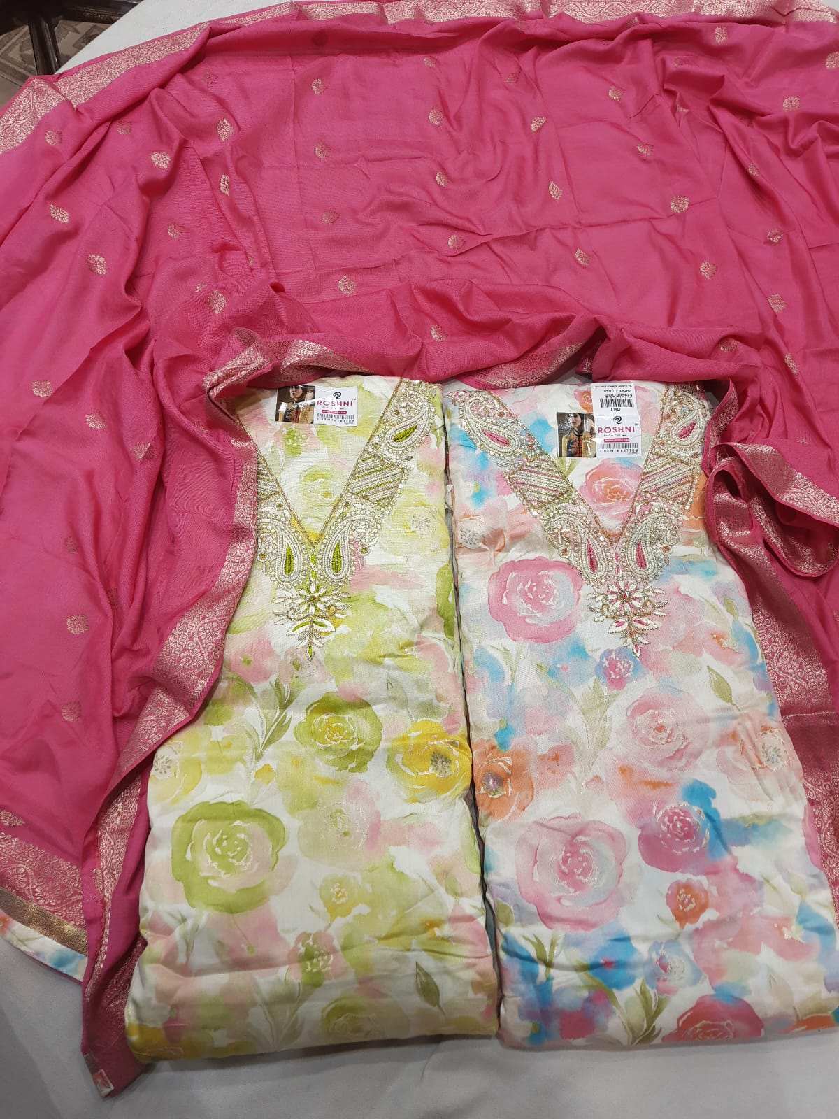 Glamorous yellow pink unstitched salwar suit dress material (free size)