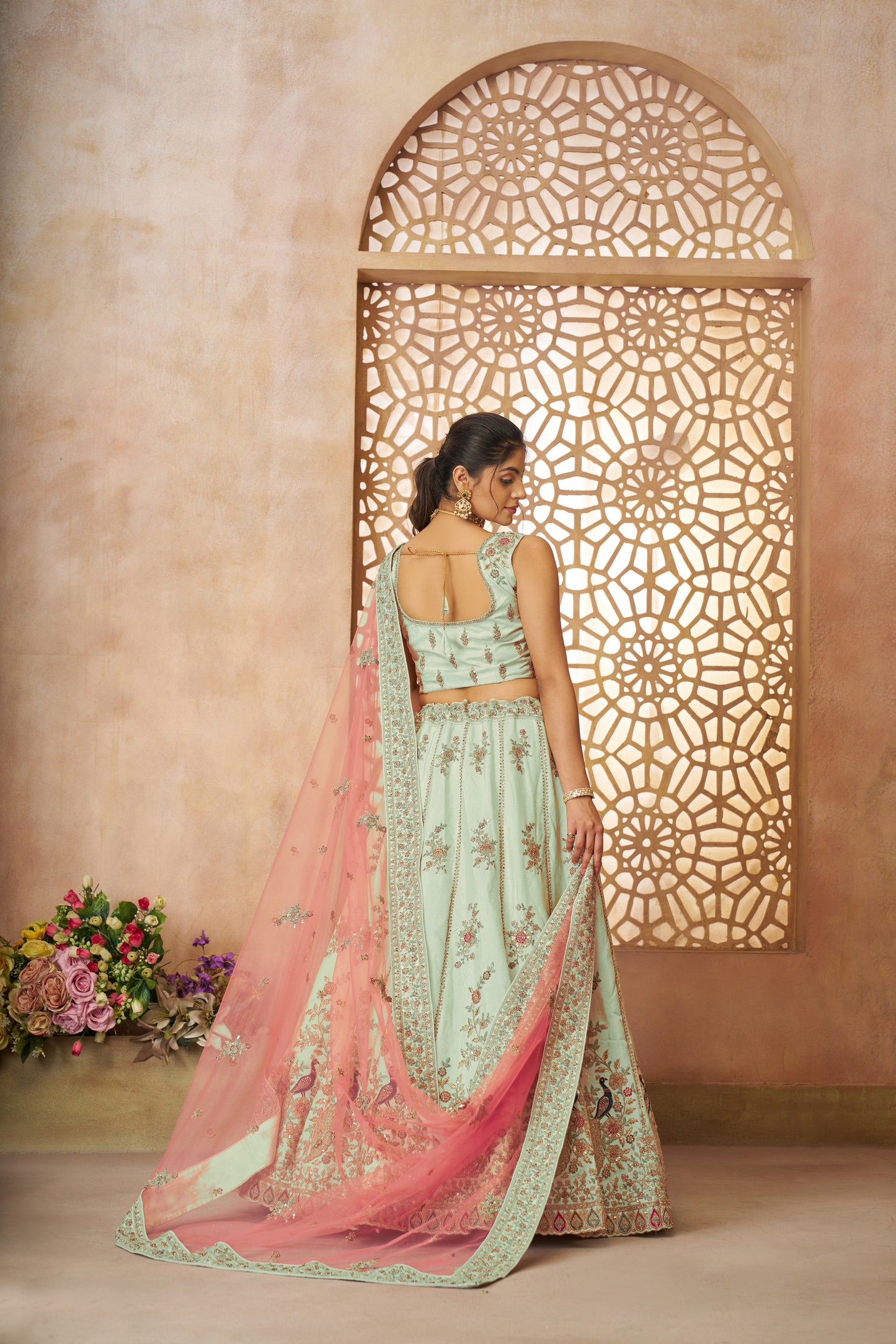 Elegant green peacock girlish lehenga 35