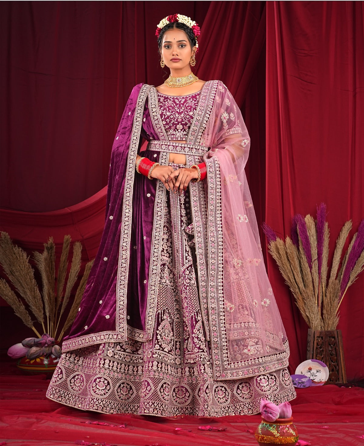 Superb wine pink double dupatta bridal lehenga