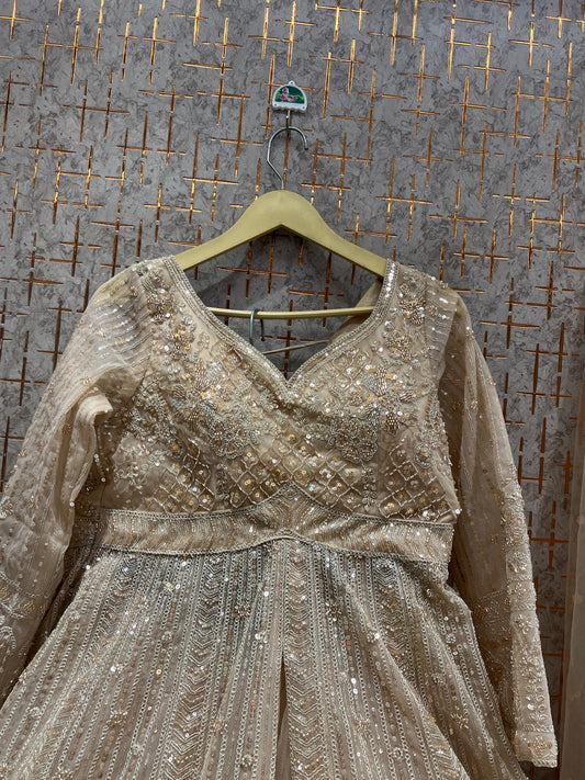 Pleasing Beige Golden Farshi garara muslim Bride Special Indo Dress