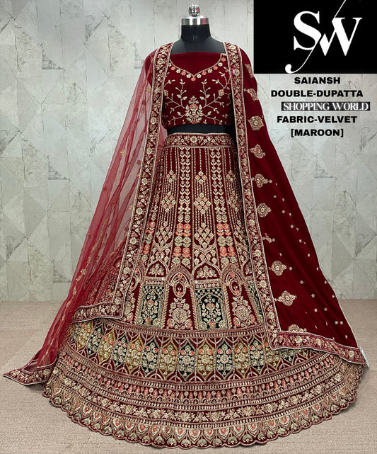 Majestic dark maroon Velvet bridal Lehenga