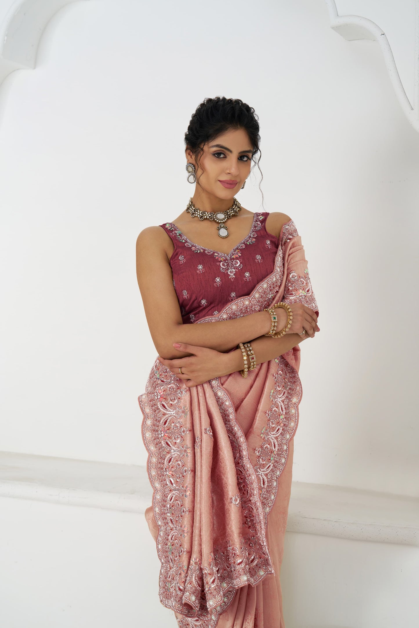 Amazing pink Saree 101 latest pink Pure Dola Viscouse Silk Saree with sequins and beads Embroidery for Brides