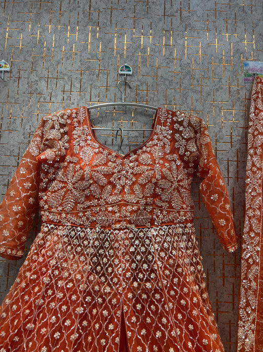 आकर्षक जंग नारंगी लंबी पेप्लम पोशाक फर्शी गहरारा पोशाक विशेष