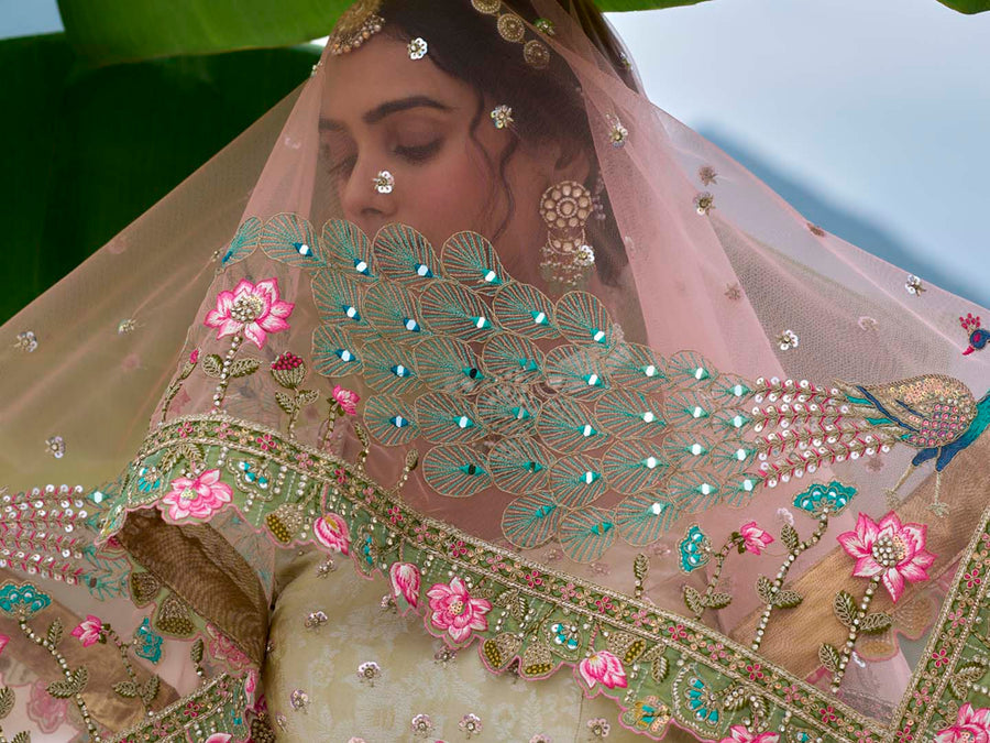 Green-Pink-Off White Heavy Embroidered Mirror Work Semi Stitched Lehenga