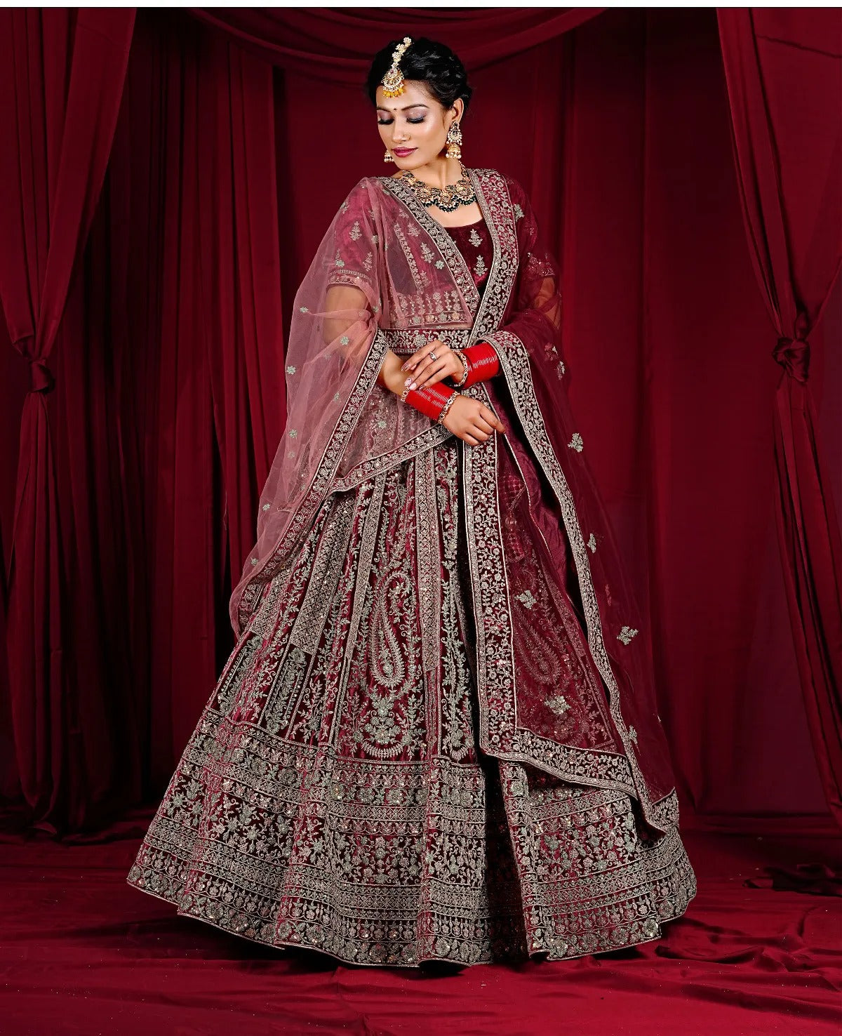 Lavishing maroon double duptta bridal Lehenga