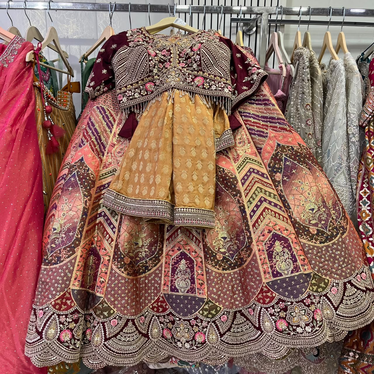 Mustard Maroon Multicolour Crop Top Lehenga