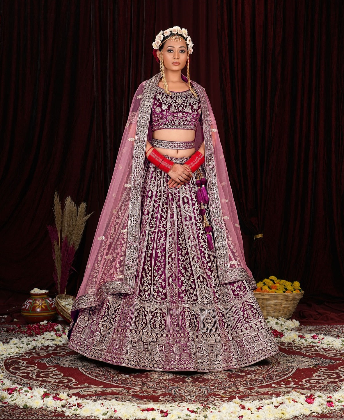 Khoobsurat wine maroon double dupatta bridal lehenga