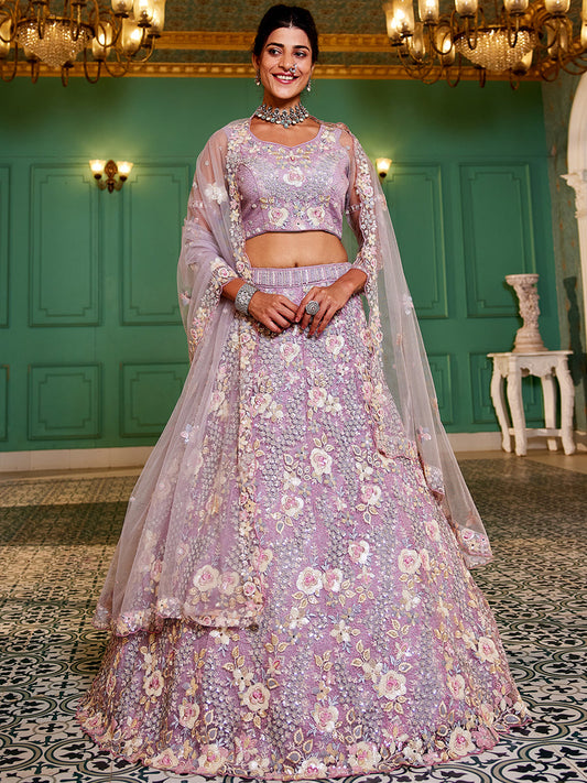 Pink Multi-Color Sequins Work Heavy Floral Embroidered Using Zarkan & Mirror Lehenga