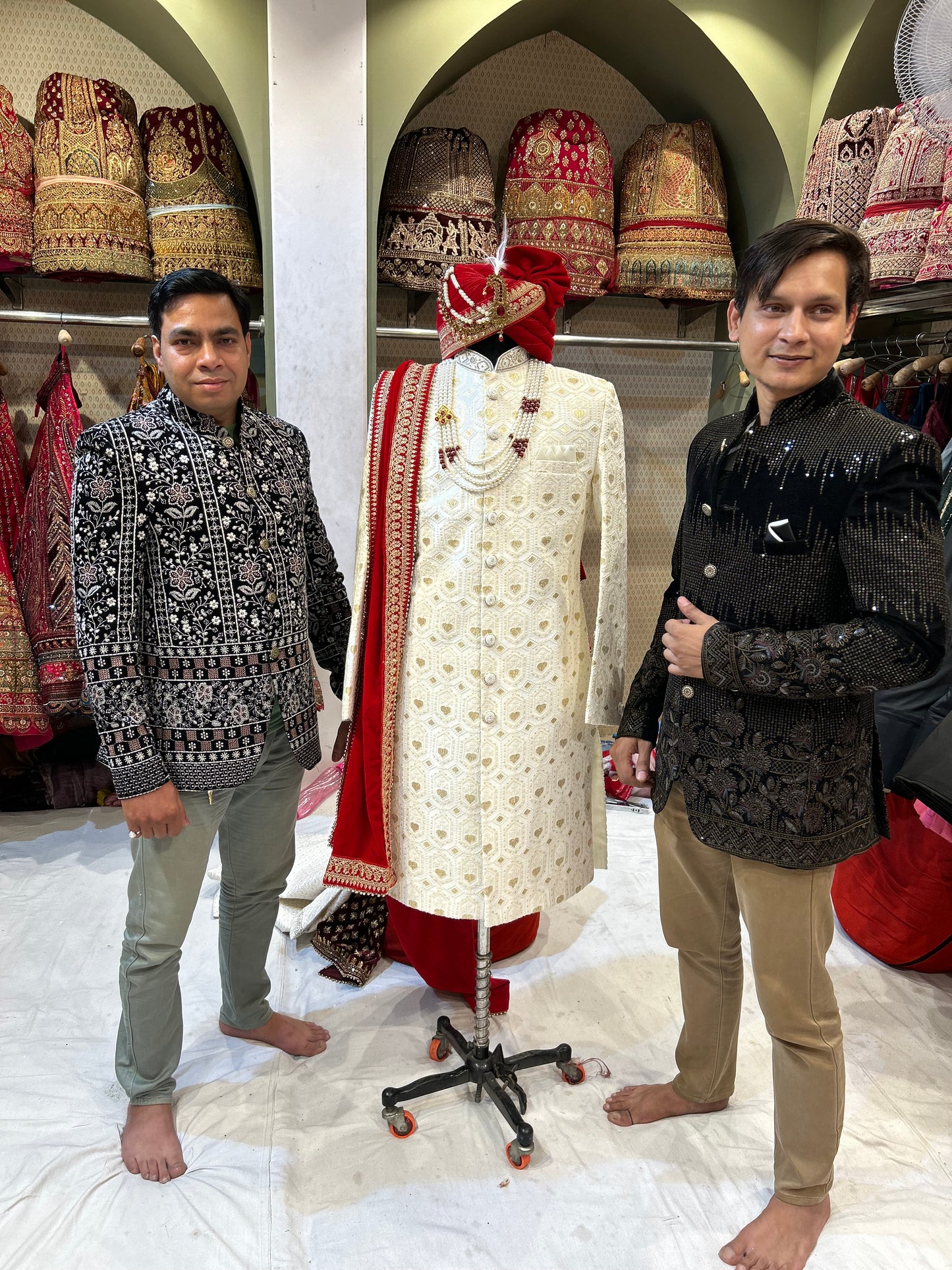 Royal Cream red Colour Sherwani