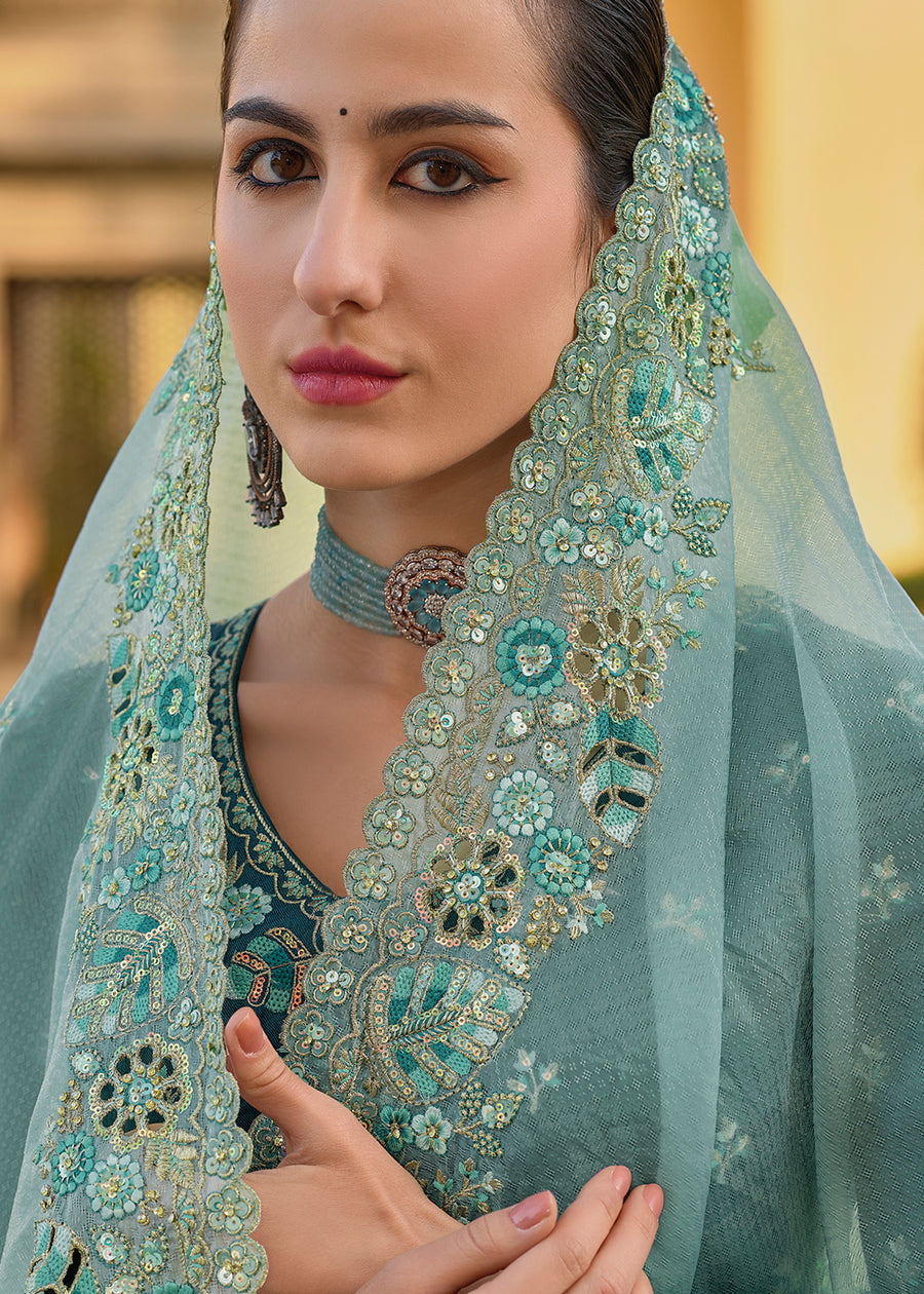 Turquoise Blue Organza Silk Handwork Embroiderey Cut Work Border C-Pal Saree