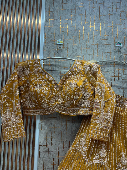 Eye Catching Yellow Haldi mehendi Crop Top Lehenga