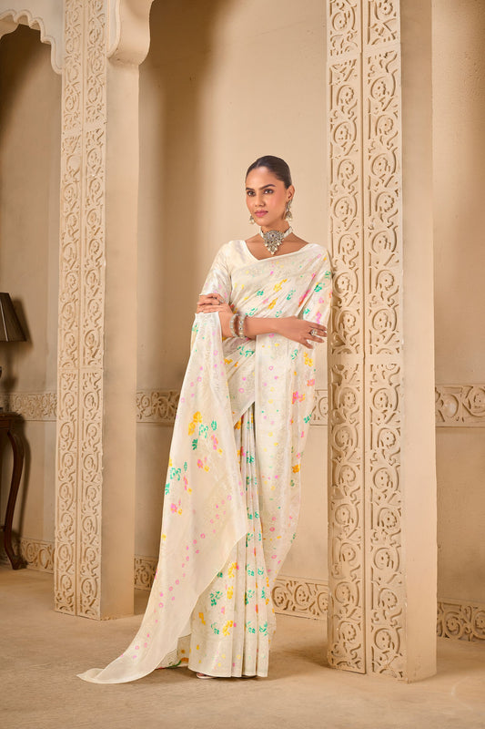 White Tussar Silk Saree 6053