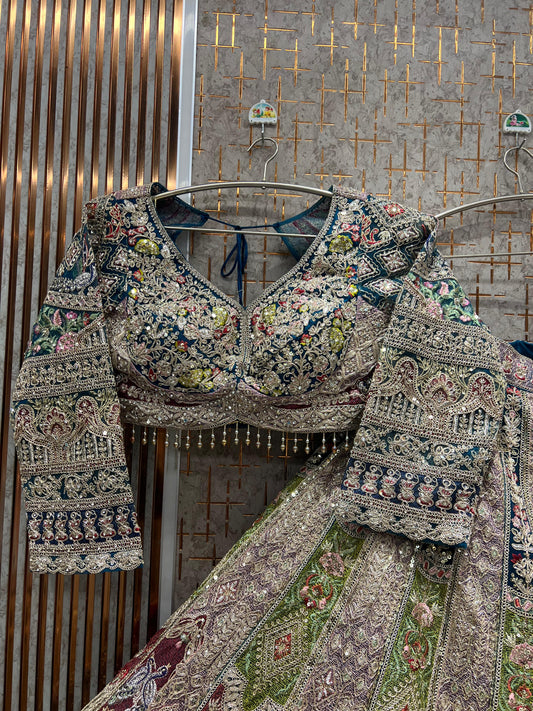 Fantastic Pink Blue Double Duptta Crop Top Lehenga