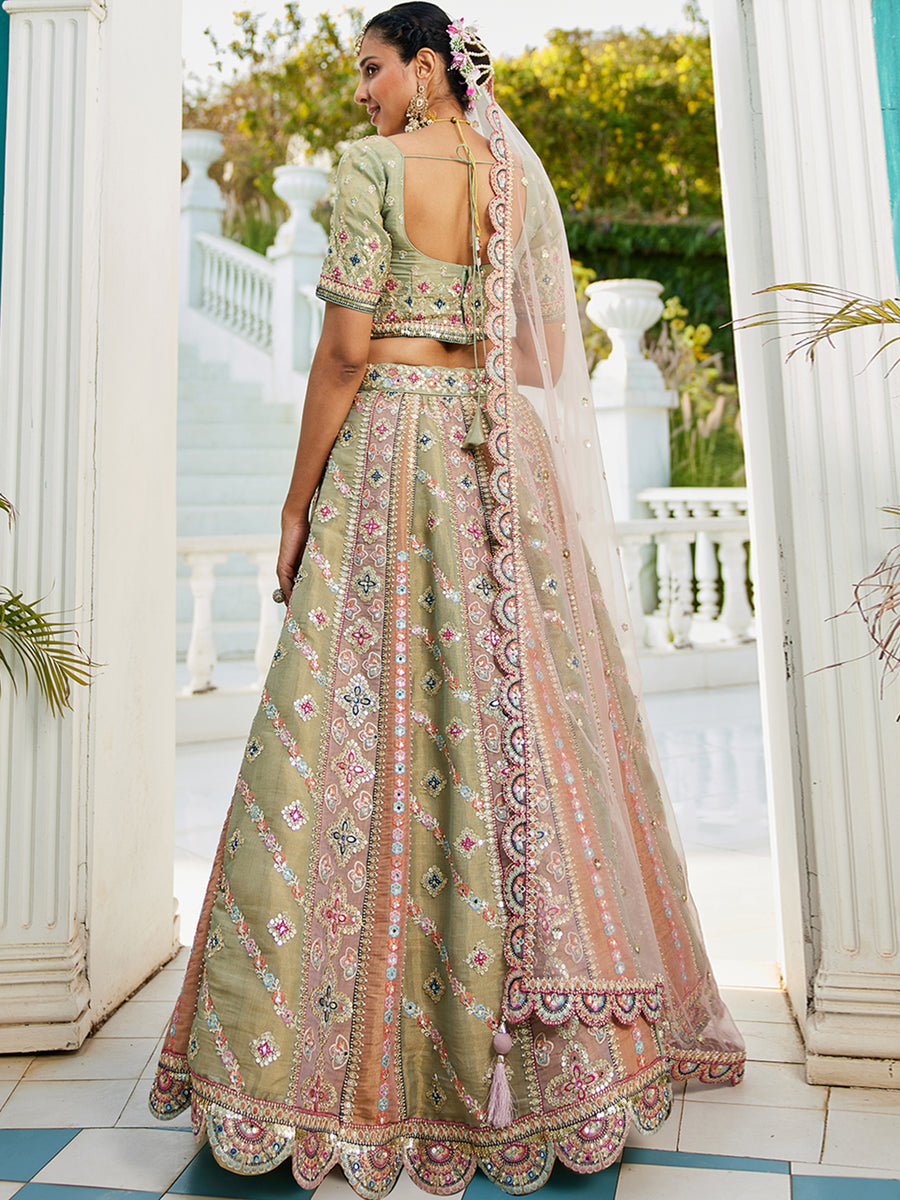 Bridal Net Multi-Color Gotta Patti,Sequins, Moti, Mirror and Thread embroidery Lehenga