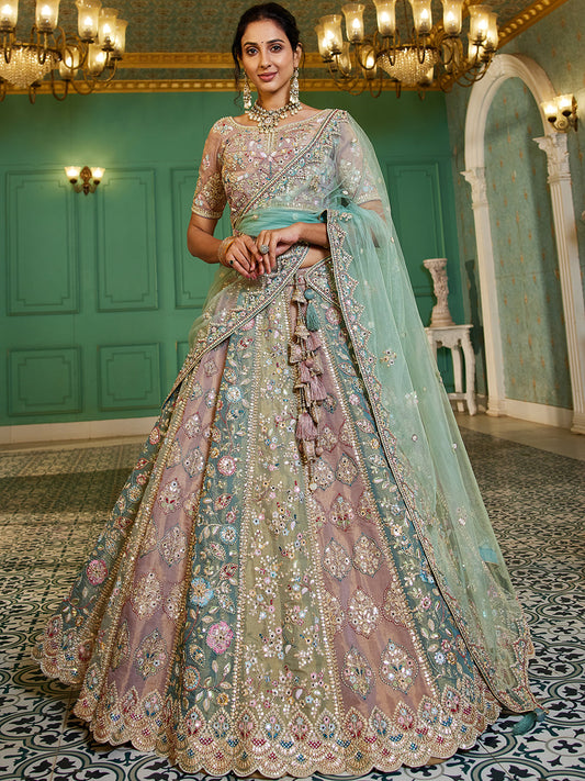 Multi-Color Bridal Net Gotta Patti,Sequins, Moti, Mirror Thread embroidery Lehenga