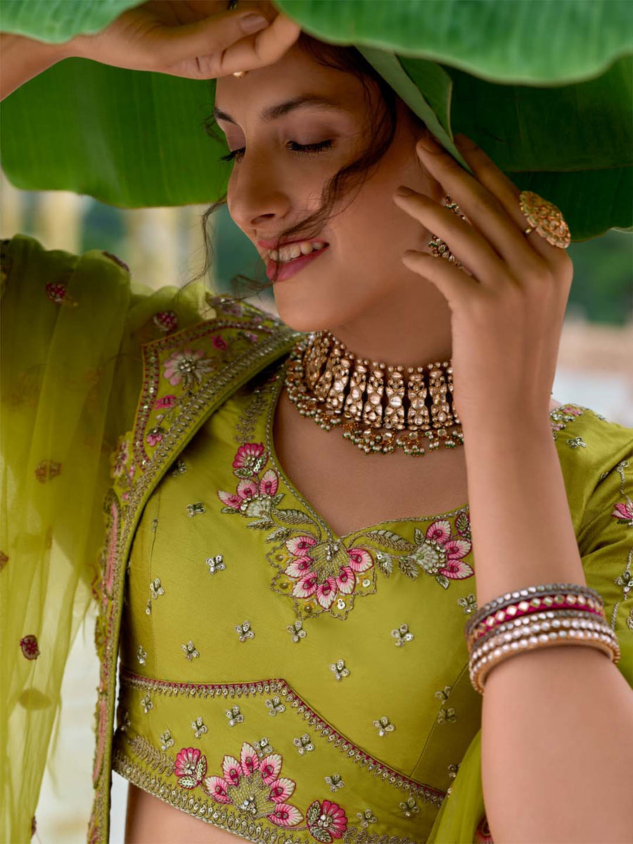 Limegreen Shade Heavy Designer Embroidered Patchwork Silk Semi Stitched Lehenga