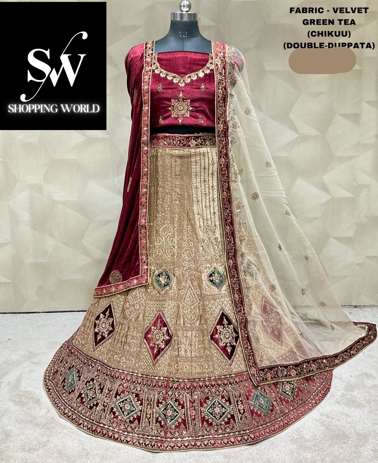 Encantadora lehenga nupcial doble duptta beige granate