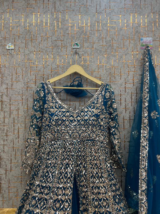 Teal Blue long peplum Dress Farshi Gaharara Dress Special - Shopping World