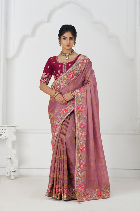 Threaded Blossoms: Pink Saree with Colorful Floral Embroidery 112
