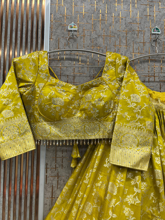 Yellow Haldi Mehendi Crop Top Lehenga