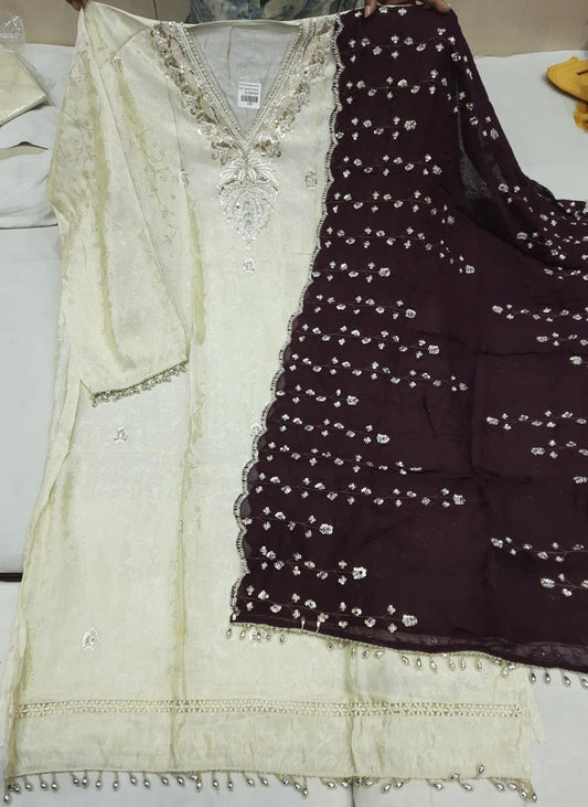 Embellished white black suit dress material (free size)