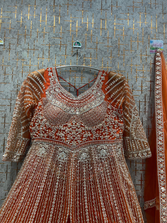 Majestic Rust Orange peplum long Dress Farshi Gaharara Dress Special