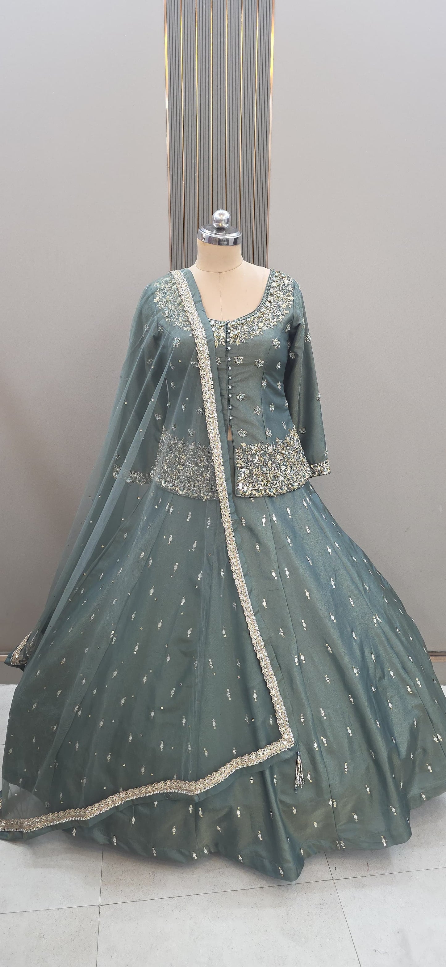 Designer Sky Blue Ready to Wear Long Crop top Lehenga
