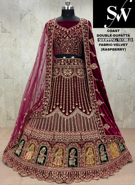 Lovely dark maroon Velvet bridal Lehenga