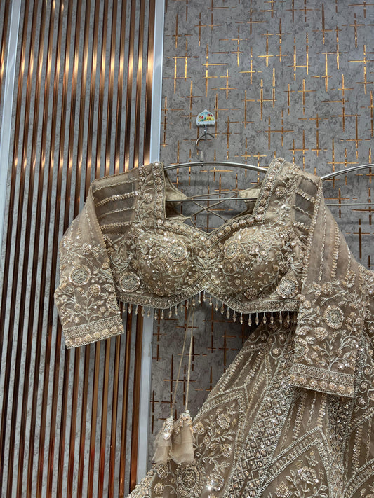 Beige Golden Crop Top Ready to wear Lehenga