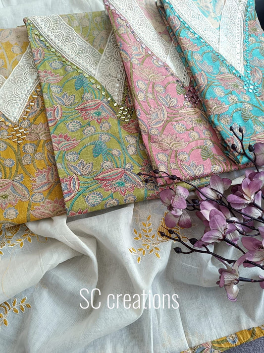 Majestic blue green pink mustard salwar suit dress material(free size)