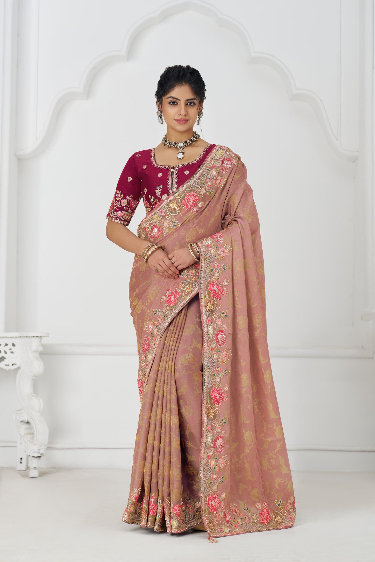 Majestic peach Saree 112 Pretty peach: Multicolor Embroidery with Blooming Floral Designs