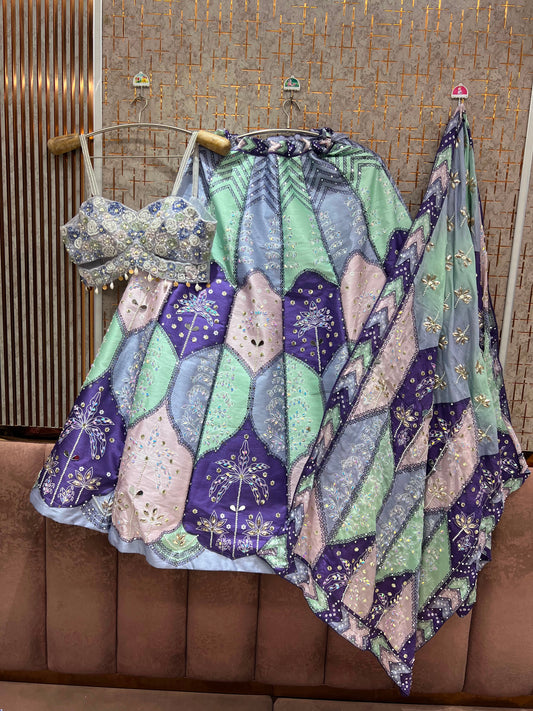 Purple Green Multicolour Crop Top Lehenga