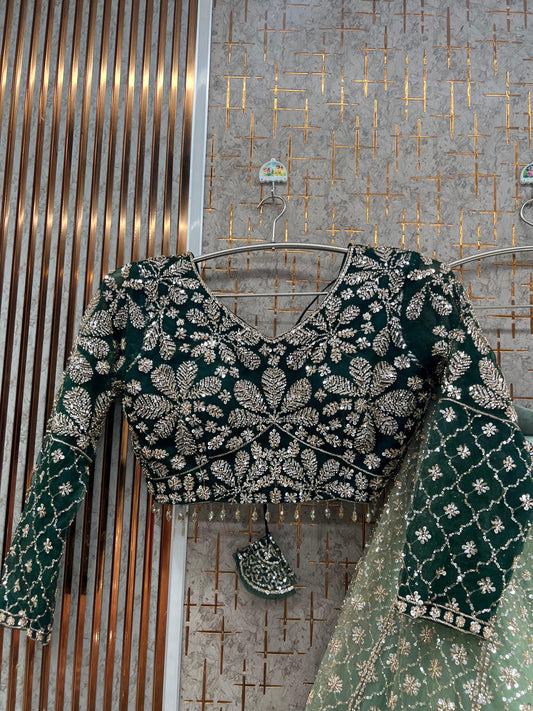 Green Double Shade Crop Top Lehenga