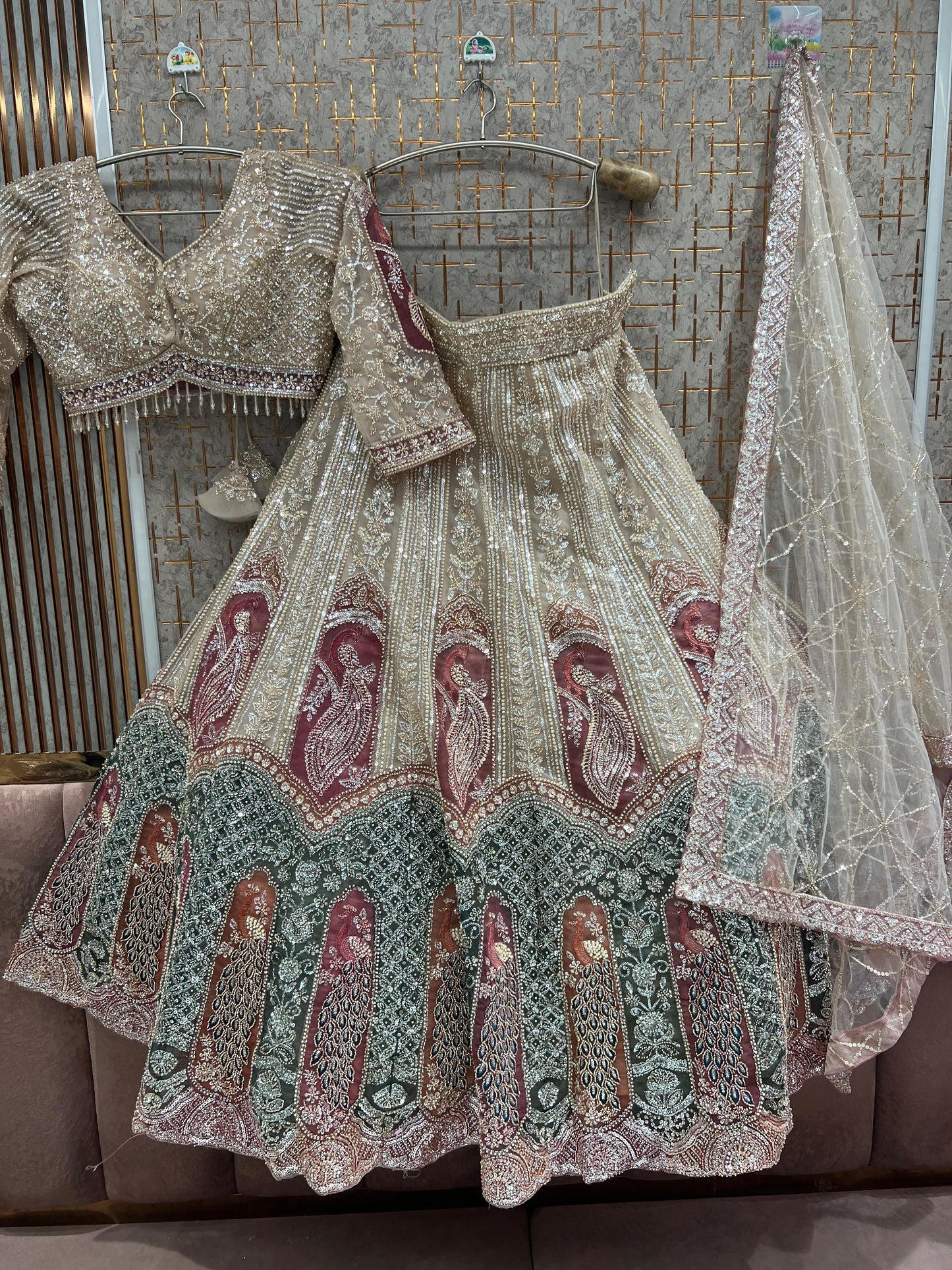 Beige golden Peacock Crop Top Lehenga