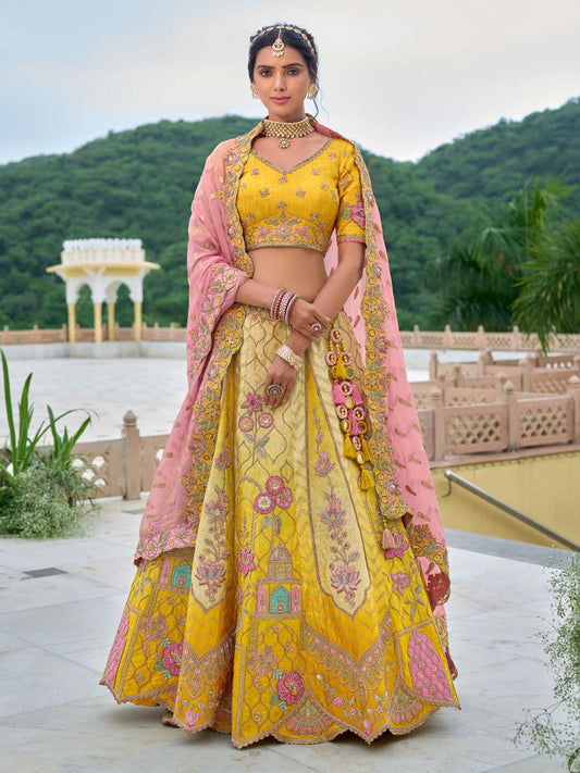 Yellow-Pink Shade Patch-Work & Cut-Work Silk Embroidered Semi Stitched lehenga